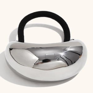 Polished silver crescent metal charm hair tie with high-elastic black rubber band