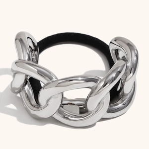 Black elastic hair tie with bold silver 316L stainless steel chain link decoration