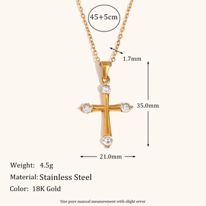 Minimalist 18K gold plated stainless steel cross pendant necklace with clear zircon stones