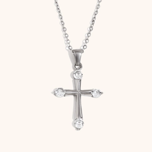Minimalist silver cross pendant necklace with zircon gemstones and simple cable chain