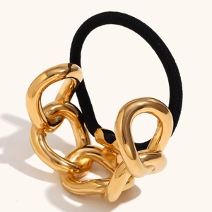 18K gold plated chunky chain hair tie with durable black elastic cord on white background