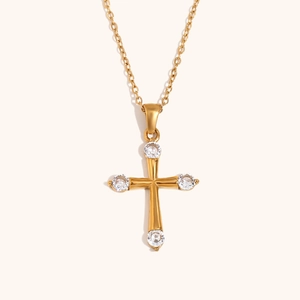 Minimalist Stainless Steel Cross Pendant Necklace 18K Gold Plated Rhinestone Inlaid Religious Fashion Jewelry For Women
