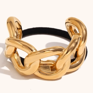 Golden 316L stainless steel chunky chain ponytail holder with black elastic hair tie