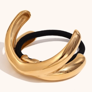 Barrette à cheveux forme bois plaqué or 18K avec élastique épais noir haute résistance