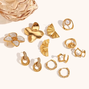 Collection of minimalist 18K gold plated stainless steel earrings with pearls and crystals