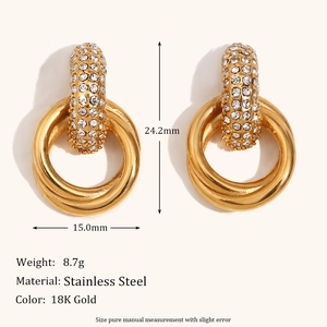 18K gold plated stainless steel interlocking hoop earrings with white zircon accents