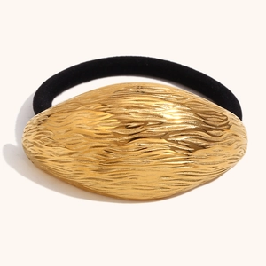 Minimalist 18K gold plated olive shell texture hair tie with black elastic band