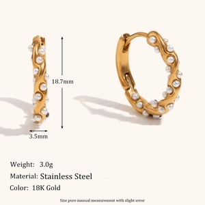18K gold plated stainless steel hoop earrings with white pearls and twisted wave design