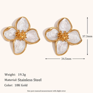 18K gold plated stainless steel floral earrings with white enamel and size dimensions