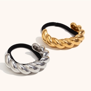 Élastique à Cheveux en Acier Inoxydable Torsadé pour Femmes Métal Doré Texture Spirale Semi-circulaire Bijou Cheveux