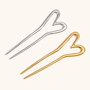 Minimalist Stainless Steel Heart Shaped Hair Stick U Shaped Hair Fork 18K Gold Plated Double Prong Hair Pin For Women Styling