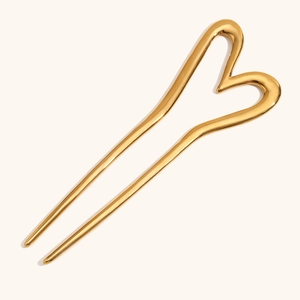 Minimalist heart-shaped 18K gold plated stainless steel double prong hair fork for bun styling
