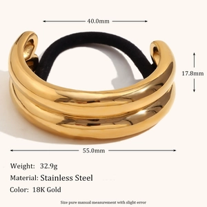 Gold plated stainless steel double layer hair cuff with black elastic tie dimensions