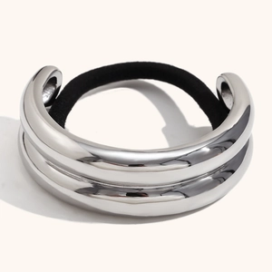 Polished silver stainless steel double layer circular hair cuff with elastic band