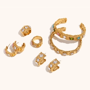 Vintage irregular textured 18K gold plated jewelry set with colorful zircon accents