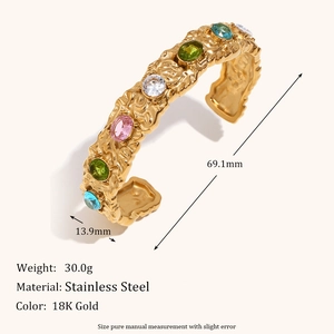 Vintage 18K gold plated stainless steel textured bangle with oval colored gemstones