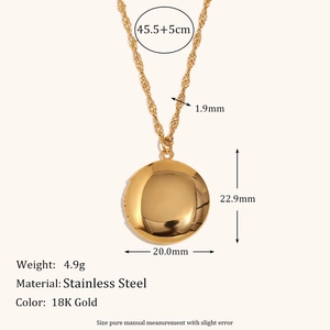 Detailed view of 18K gold stainless steel heart locket necklace with measurement specs