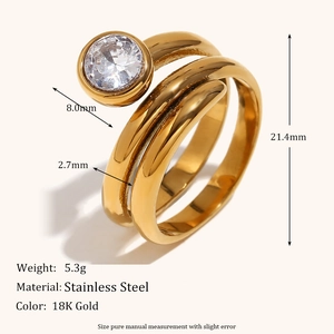 Double layered 18K gold plated stainless steel ring with round white zircon stone