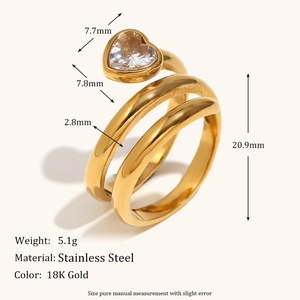 Three-layer snake style stainless steel heart ring with white zircon in 18K gold finish