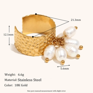 18K gold plated stainless steel wide ring with hammered texture and pearl tassels