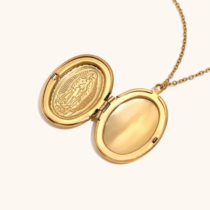 Oval 18K gold plated stainless steel locket necklace with Virgin Mary religious relief