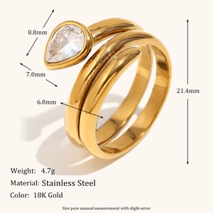 Gold-plated stainless steel snake ring with pear-cut white zircon and double-layer design