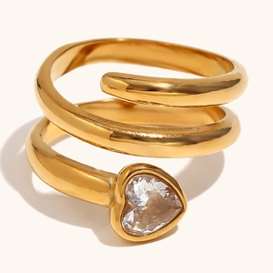 Gold double snake head ring with heart zircon and 18K gold plated stainless steel