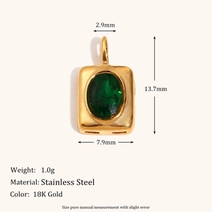 18K gold plated stainless steel rectangle pendant with green oval stone, 13.7x7.9mm size