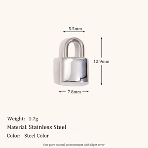 Detailed view of a small stainless steel lock pendant with 12.9mm height and 7.8mm width
