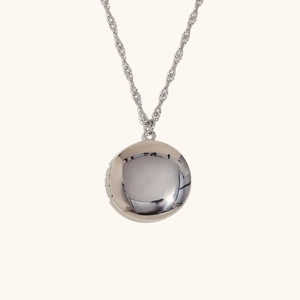 Silver hollow locket necklace in stainless steel with polished round photo pendant
