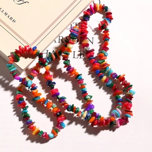 Detailed view of colorful natural irregular stone chips necklace in bohemian style