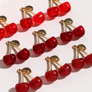 3D cherry fruit charms with translucent red resin and gold glitter for DIY jewelry making