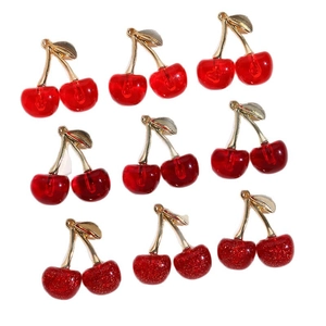 Sparkly glitter and translucent resin cherry pendants with golden leaves for DIY jewelry