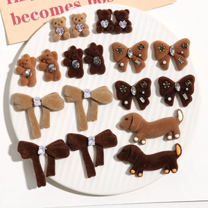 Velvet flocked resin bear and dog charms with rhinestones for DIY jewelry accessories