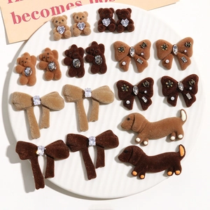 Flocked teddy bear and dachshund charms with rhinestones and bows for DIY jewelry