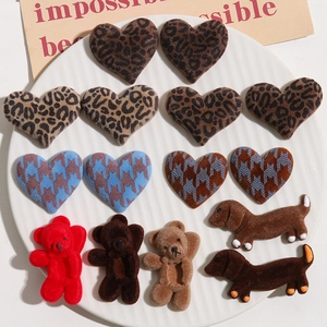 Brown flocked leopard heart dachshund and bear charms set for DIY hair accessories
