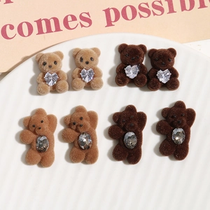 Detail of 8pcs flocked bear DIY charms with rhinestones in brown and tan tones