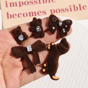Brown flocked teddy bear and puppy DIY charms with rhinestones and white pearls