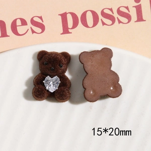 Detail of 15x20mm brown flocked bear jewelry charms with heart-shaped zircon for DIY crafts