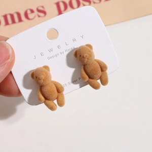 Cute brown flocked bear stud earrings with S925 silver needles on jewelry card
