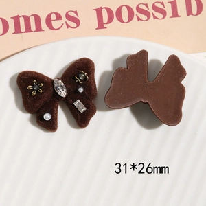 Brown flocked butterfly charm with rhinestones and pearls for DIY hair accessories