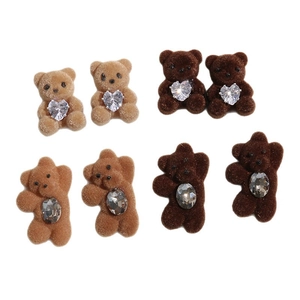 Flocked bear charm set with rhinestones for DIY jewelry making in brown and tan tones