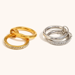 Classic double layer stainless steel interlocking rings with crystals in gold and silver