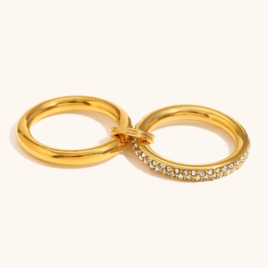 Classic double-layer 18K gold plated stainless steel ring with pavé-set sparkling crystals