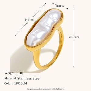 Minimalist 18K gold plated stainless steel ring with elegant bar-shaped baroque pearl