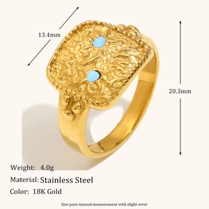 Vintage 18K gold plated stainless steel ring with blue stones and lava texture