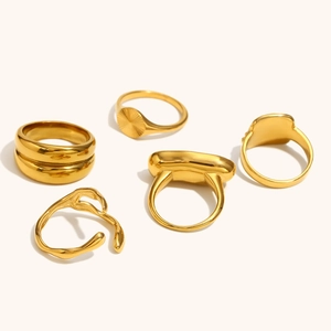 Five-piece 18K gold plated stainless steel ring set with minimalist irregular designs