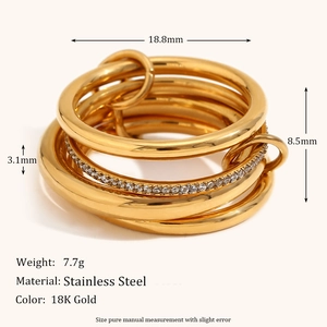 Anillo de capas bicolor de acero inoxidable con chapado en oro de 18K y cristales de circón