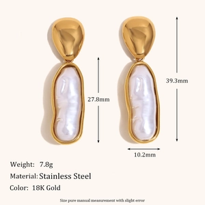 18K gold plated stainless steel drop earrings with oval baroque pearl pendants