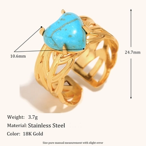 Anello aperto in acciaio inossidabile placcato oro 18K con turchese blu a cuore